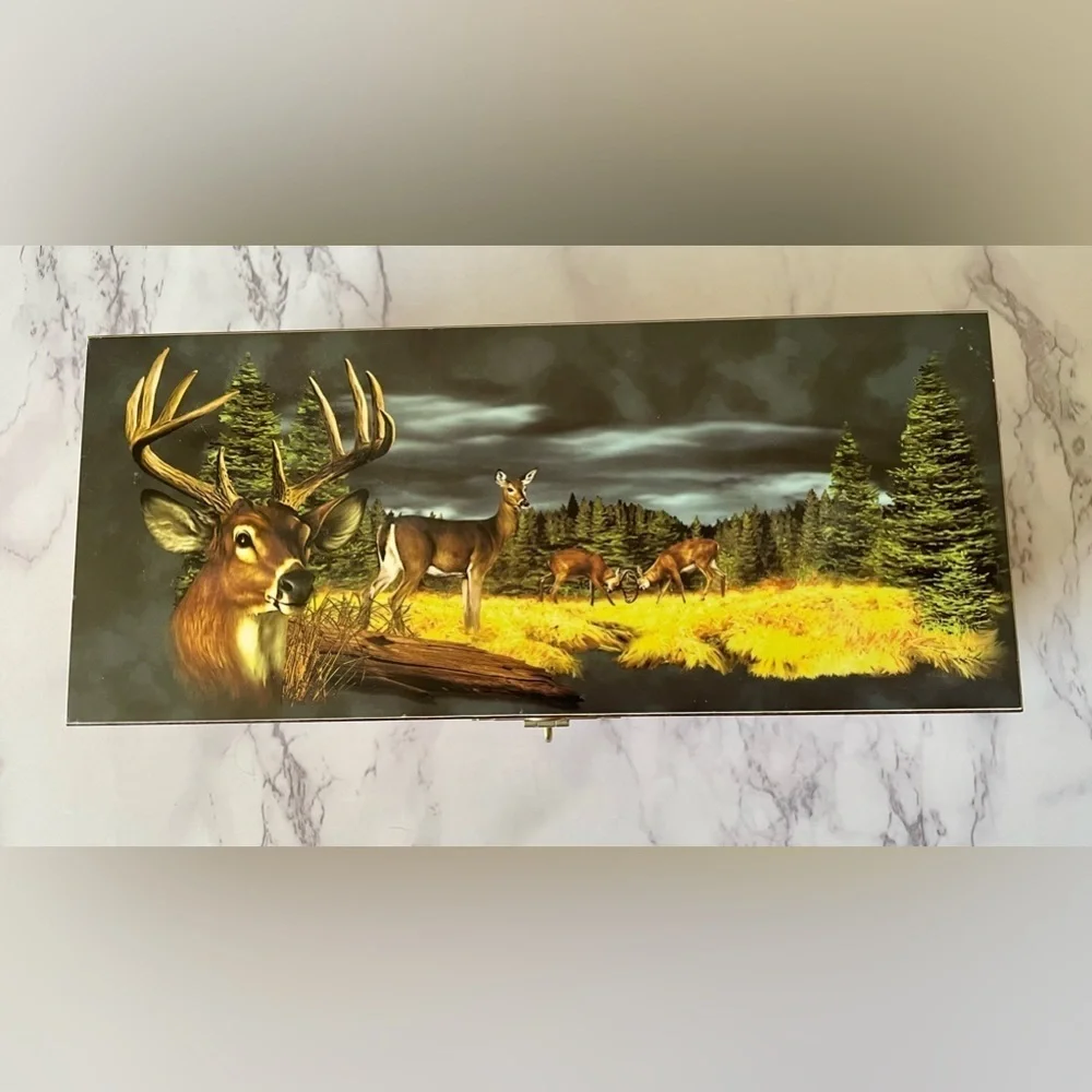 Wooden Deer Trinket Box 9.5” Wildlife Scene Rustic Lodge Decor Buck Forest Art
